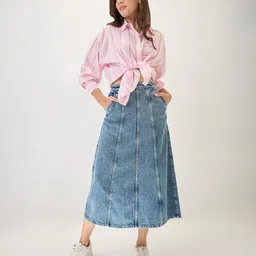 globus Women Midi Rise Panelled A-Line Midi Denim Skirt image 2