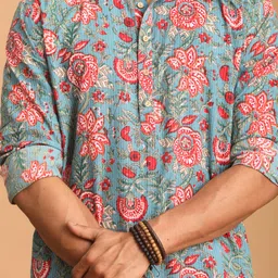 shvaas by vastramay Men's Aqua And White Cotton Kurta And Pyjama Set-AA311 image 4