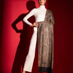 zamour Women's Faux Pashmina Jacquard Woven Jamawar Mughal Shawl in Golden Black image 3