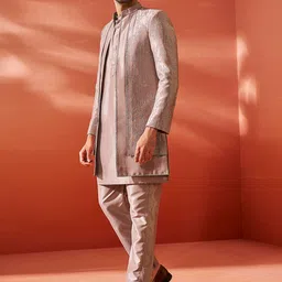 vastramay Men's Silk Blend Sherwani Set, Silk Blend embroidered Indo Western, Kurta And Pant Set for Men for Weddings & Festivals, Traditional Ethnic Wear Outfit image 3