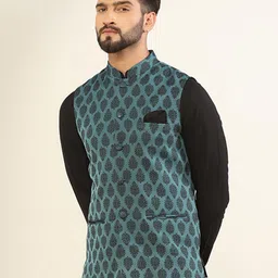 kisah Men's Nehru Jacket, Coral Silk Blend, Woven Design Mandarin Collar Regular Fit Sleeveless image 3