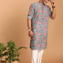 shvaas by vastramay Men's Aqua And White Cotton Kurta And Pyjama Set-AA311 image 3