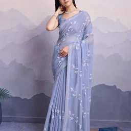ekasya Women Simmer Chiffon Blue Floral Pattern Embroidery Work Saree with Unstitched Blouse - Elegant Design, Intricate Floral Embroidery, Lightweight, Perfect for Weddings, Parties image 2