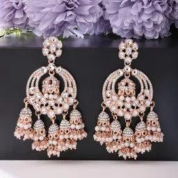 zaveri pearls Rose Gold Kundan & Dazzling Austrian Diamonds Embellished Jhumki Drops Earring For Women-ZPFK13786 image 2