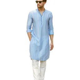 see designs Men Full Sleeve Turquoise Blue Chanderi Silk Sequins Cotton Mandarin Collar Side Slit Kurta With Pyjama image 1