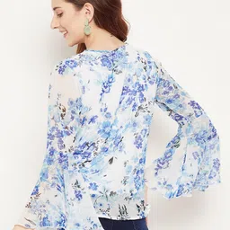 n.h.k.a. Bitterlime Floral Printed Georgette Flared White and Blue Top image 5