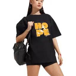 leotude Oversized Half Sleeve Tshirt for Women, Round Neck Longline Printed Drop Shoulder T-Shirt (Color Black) image 4