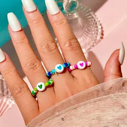 yellow chimes Rings for Women and Girls Handmade Adjustable Rings | Multicolor 3 Pcs Beads Ring Set Knuckle Finger Stackable Band Ring | Birthday Gift For Girls and Women image 4