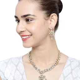 shining diva fashion Jewelry Gold Plated Kundan Fancy Necklace Traditional Jewellery Set with Earrings for Women & Girls (White)(9602s) image 4