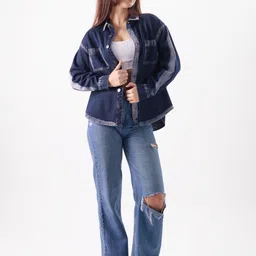 the souled store Aster Denim Women and Girls Long Sleeves Collared Neck Button Front Blue Cotton Oversized Shackets image 2