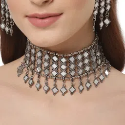 shining diva fashion Latest Stylish Traditional Oxidised Silver Necklace Jewellery Set for Women (12168s) image 2