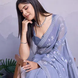 ekasya Women Simmer Chiffon Blue Floral Pattern Embroidery Work Saree with Unstitched Blouse - Elegant Design, Intricate Floral Embroidery, Lightweight, Perfect for Weddings, Parties image 4