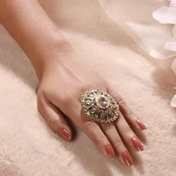aatmana Gold-Plated White & Green Kundan-Studded Ethnic adjustable Finger Rings For Women & Girls image 2