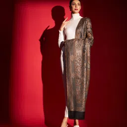 zamour Women's Faux Pashmina Jacquard Woven Jamawar Mughal Shawl in Golden Black image 5