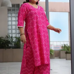 meera fab Plus Size Bandhani Printed Pure Cotton Kurta With Palazzo & Dupatta image 4