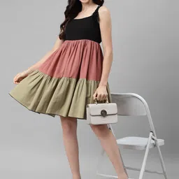 deebaco Women's Color Block Cotton Dress for Women|Knotted Dori Shoulder Sleeveless Fit & Flare Knee Length Mini Casual Western Dress for Ladies Party Casual Wear Outfits (Multicolor) image 5