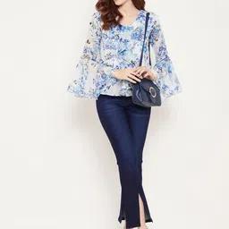 n.h.k.a. Bitterlime Floral Printed Georgette Flared White and Blue Top image 2