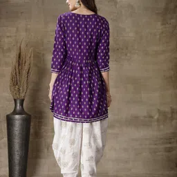 stylum Women's Printed & Embroidered Rayon A-Line Kurti With Dhoti Pant (Kdvoilmahi_Violet) image 2