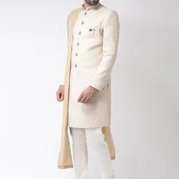 kisah Men's Indo-Western Sherwani Churidar With Dupatta Set, Cream Brocade Woven Design Regular Fit Mandarin Collar Full Sleeves image 2
