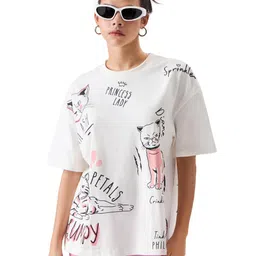 the souled store Official The Office: Angela's Cats Womens and Girls Oversized fit Graphic Prnited Half Sleeve Cotton White Color Oversized T-Shirts (218825) image 1