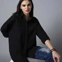 high star Women's Cotton Oversized Fit Solid Spread Collar Shirt image 3