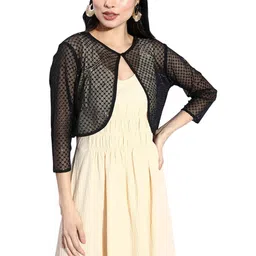 style quotient Women Black Party Sheer Sequinned Crop Button Shrug image 1