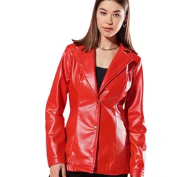 tandul Women Striking Red Leather Blazer – Stylish Slim Fit Faux-Leather Jacket for Women's, Trendy Sleeve Open Front Blazer's, Elegant Coat for Casual, Party & Office Wear image 1