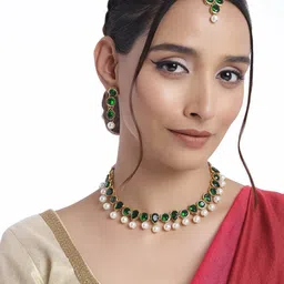 peora Kundan Pearl Traditional Ethnic Choker Necklace Earring Maangtikka Jewellery Set For Women & Girls image 2