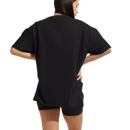 leotude Oversized Half Sleeve Tshirt for Women, Round Neck Longline Printed Drop Shoulder T-Shirt (Color Black) image 3