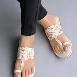 stylestry Embroidered Ethnic Cream Kolhapuri Flats For Women & Girls image 2