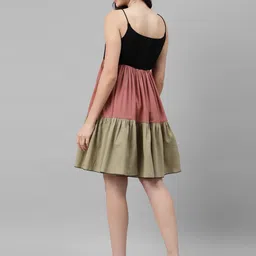 deebaco Women's Color Block Cotton Dress for Women|Knotted Dori Shoulder Sleeveless Fit & Flare Knee Length Mini Casual Western Dress for Ladies Party Casual Wear Outfits (Multicolor) image 3