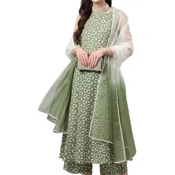 miss fame Women's Sleeveless Printed Cotton Kurta with Palazzo and Dupatta - (Green) image 1