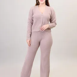 camey Women's Long Sleeve V-Neck Open Button Woolen Co-Ord Set image 2