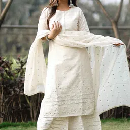 libas Women Embroidered Cotton Straight Kurta & Palazzo With Dupatta image 3