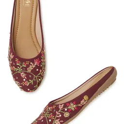 opive fashion hub Sole PVC Embroidered Canvas Slip-On Bellies for Women and Girl's (Maroon/Size-8) image 1