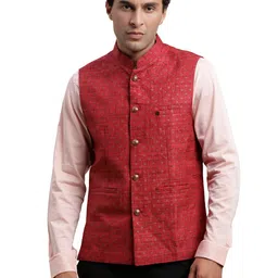 turtle Men Terylene Rayon Red Printed Formal Nehru Jacket image 1