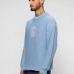 the souled store Knitted Pullover: Blue Wave Men and Boys Long Sleeves Round Neck Embroidered Acrylic Oversized Pullovers image 3