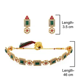 zaveri pearls Green & Pink Stones Ethnic Collar Bone Necklace Earring & Ring Set For Women-ZPFK11665 image 5