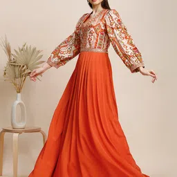 madhuram textiles Womens' Chinon Embroidery Work Long Gown(M-2481 Orange) image 3