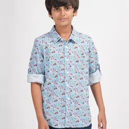 Zion Christmas Theme Full Roll Up Sleeves X mas Printed Shirt - Blue-picture-24