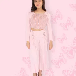 Cutecumber Full Sleeves Sequin & Fur Embellished Crop Top With Pleated Culottes - Pink-picture-10