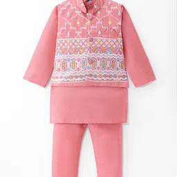 Ridokidz Full Sleeves Solid Kurta Pyjama With Floral Embroidered Sequin Embellished Jacket - Peach-image-9