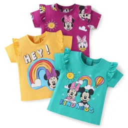 Babyhug Disney Single Jersey KnitHalf Sleeves Tops With Minnie & Friends Graphic & Frill Detailing Pack Of 3 - Yellow Purple-picture-36
