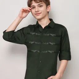 MASHUP Cotton Full Sleeves Stone Embellished Shirt- Olive Green-picture-10