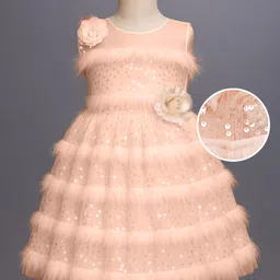 Enfance Sleeveless Sequins Embellished Floral Applique & Fur Detailed Knee Length Dress - Peach-image-40