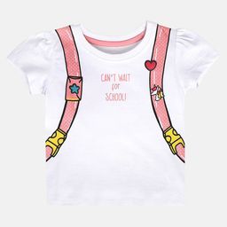 MINI KLUB Cotton Knit Half Sleeves Cant Wait For School Text Printed Top - White-picture-5