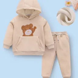 Mark & Mia Full Sleeves Winter Hooded T-Shirt & Lounge Pant Set With Bear Embroidery & Kangaroo Pocket - Beige-picture-24