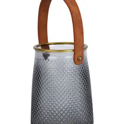 Myntra Elegant Homes Grey & Brown Textured Glass Lantern Flower Vase With Handle image 4