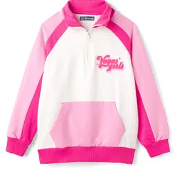 Pine Kids Cotton Knit Full Raglan Sleeves Sweatshirt With Text Print & Kangaroo Pockets - Pink & White image 2