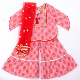 KID1 Pure Cotton Woven Three Fourth Sleeves Floral Printed Gota Lace Embellished Kurti Sharara With Dupatta Set - Peach image 3